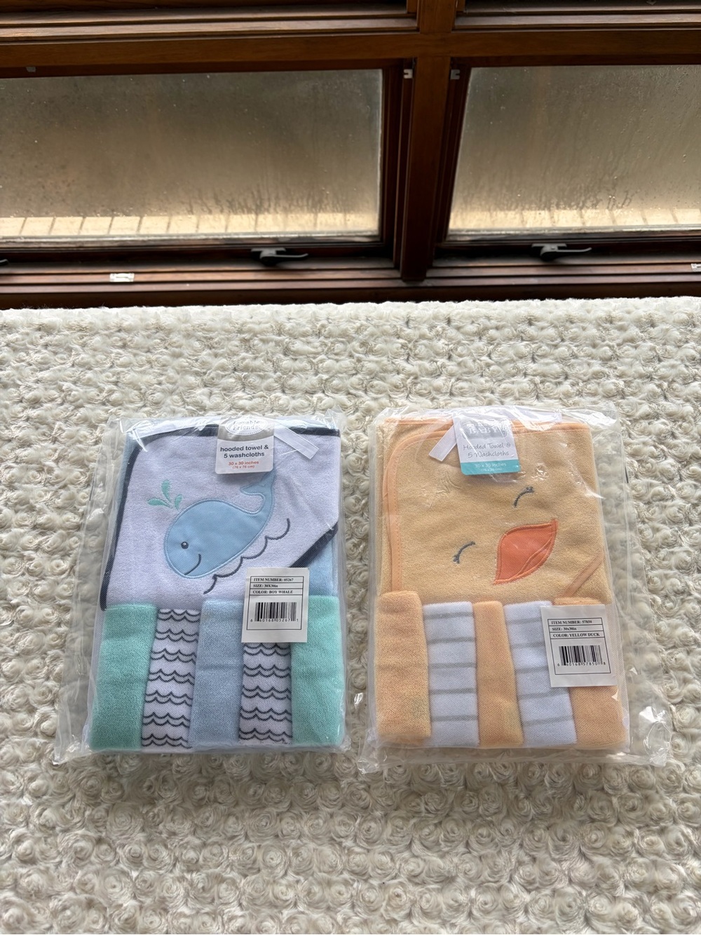 Set of 2 Hooded Baby Towels with Whale & Duck Designs - Blue, Mint & Yellow